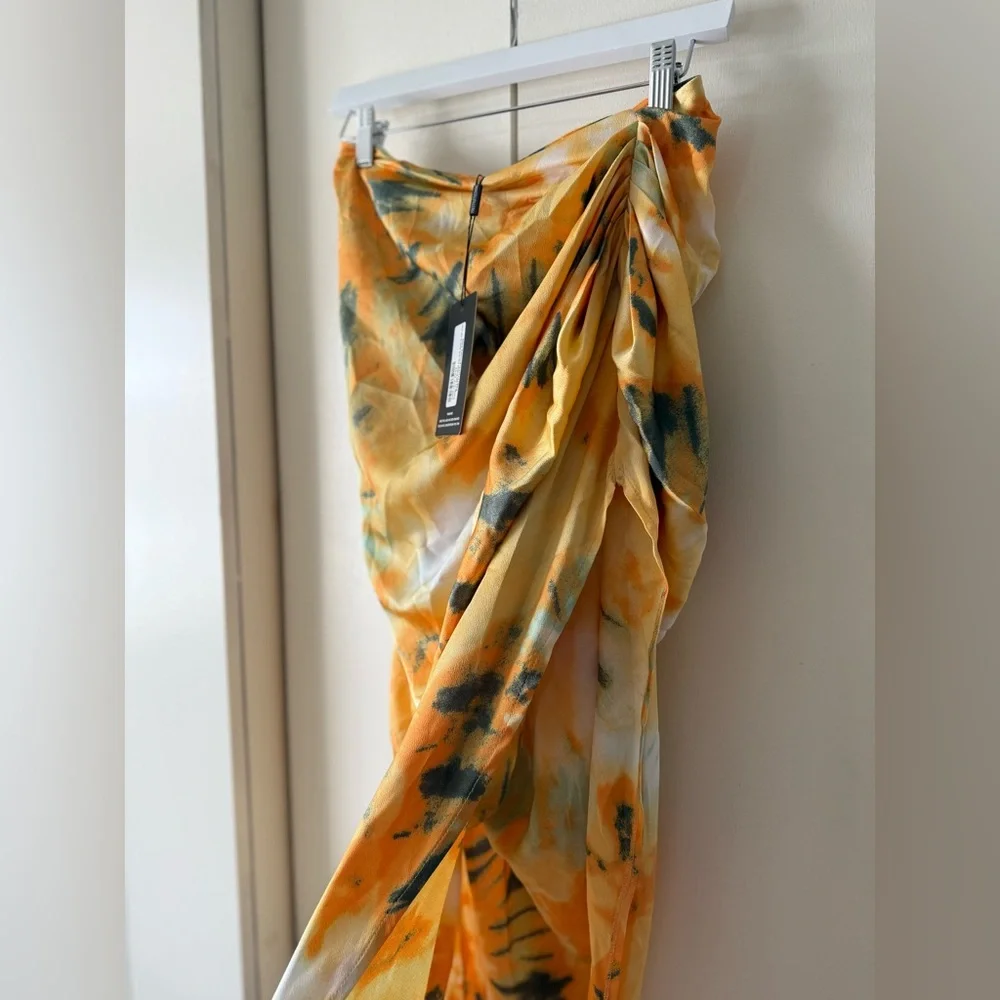 NWT PrettyLittleThing Yellow and Orange Tie-Dye Draped Midi Skirt w Slit US 6 - Picture 5 of 7